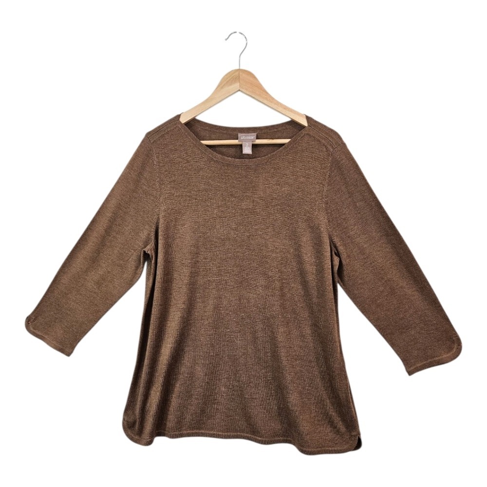 Chicos Brown Scoop Neck Sweater Top Large Chico 2 Cashmere Blend 3/4 Sleeve